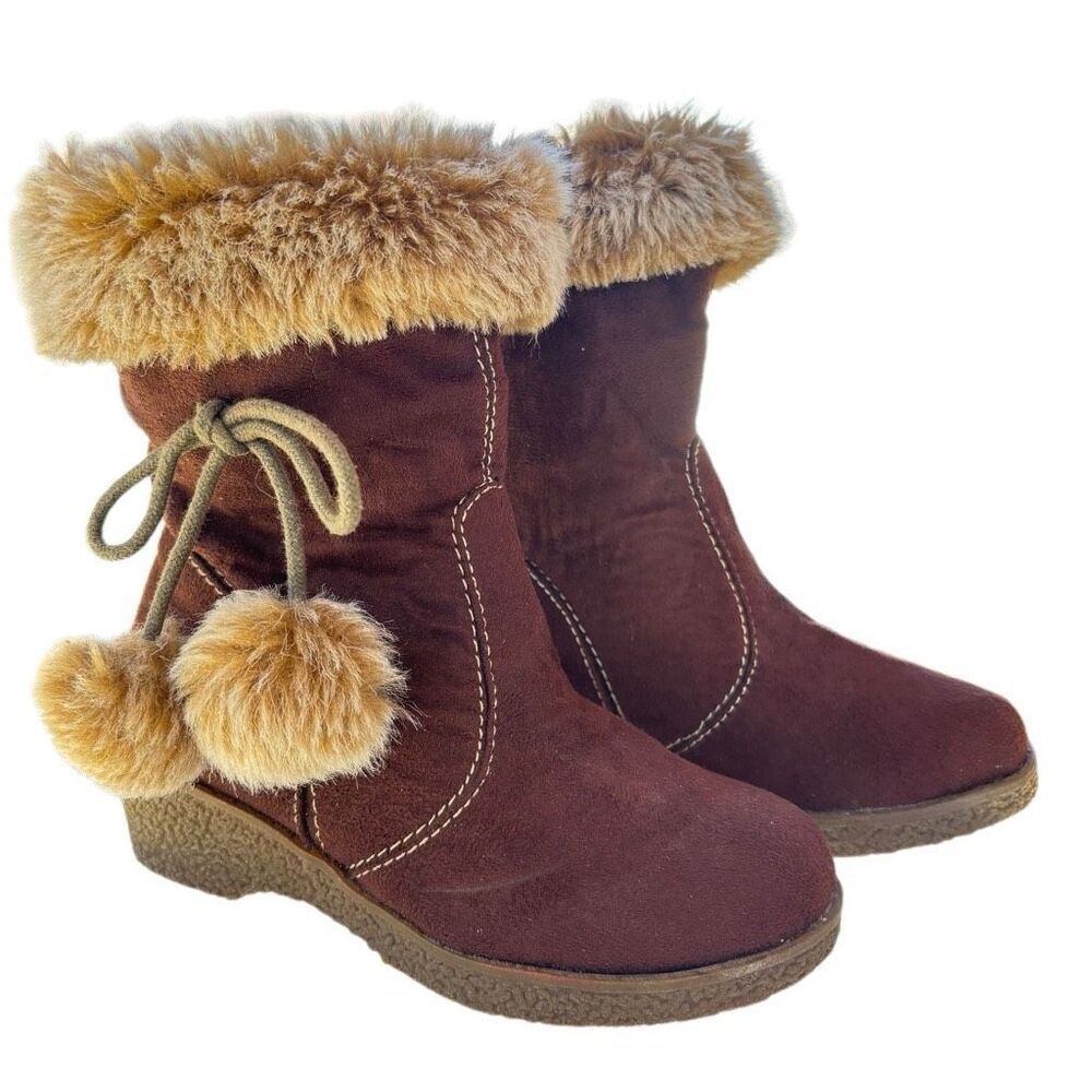 NWT Coco George Brown Tan Faux Suede Fur Platform Heel Girls Boots Size 11.5